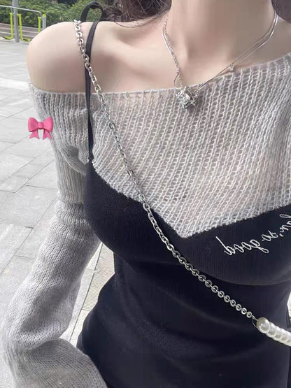 French babes fake two-piece knitted dress women's spring and autumn temperament high-end sexy waist pure desire long skirt