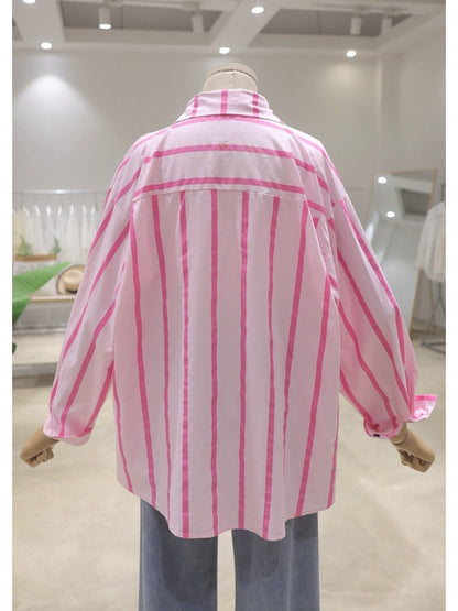 Korean style personalized love kitten embroidery 2024 spring and summer loose slim cotton striped long-sleeved casual shirt for women