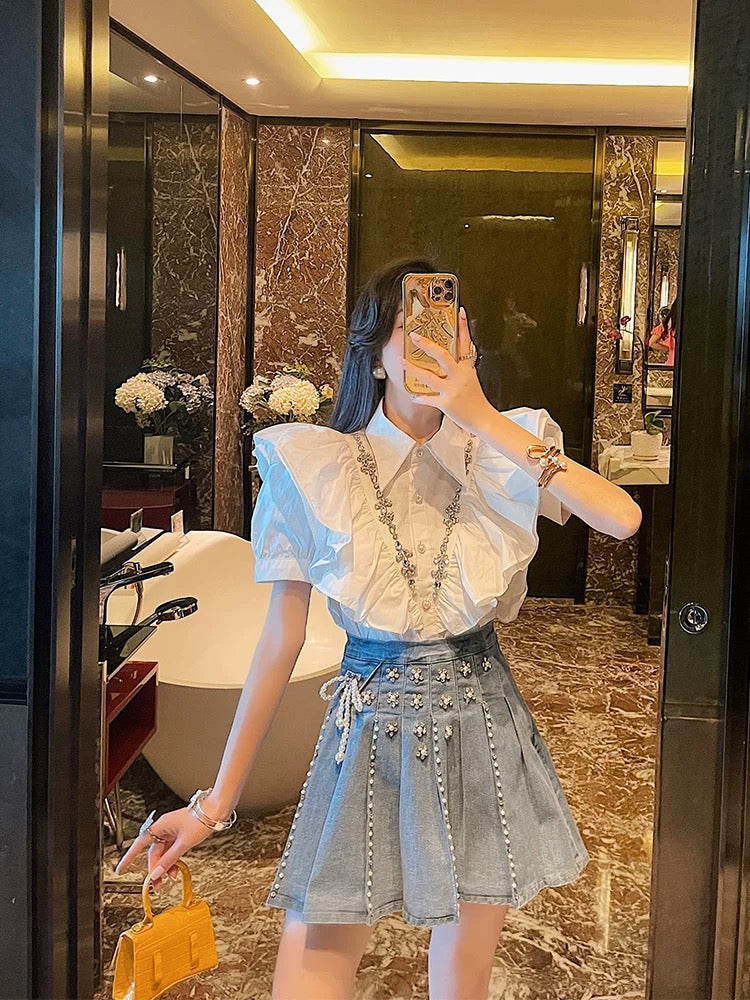 BETTER LS summer new style small Chanel style suit skirt women's ruffled shirt + denim skirt Western style two-piece suit