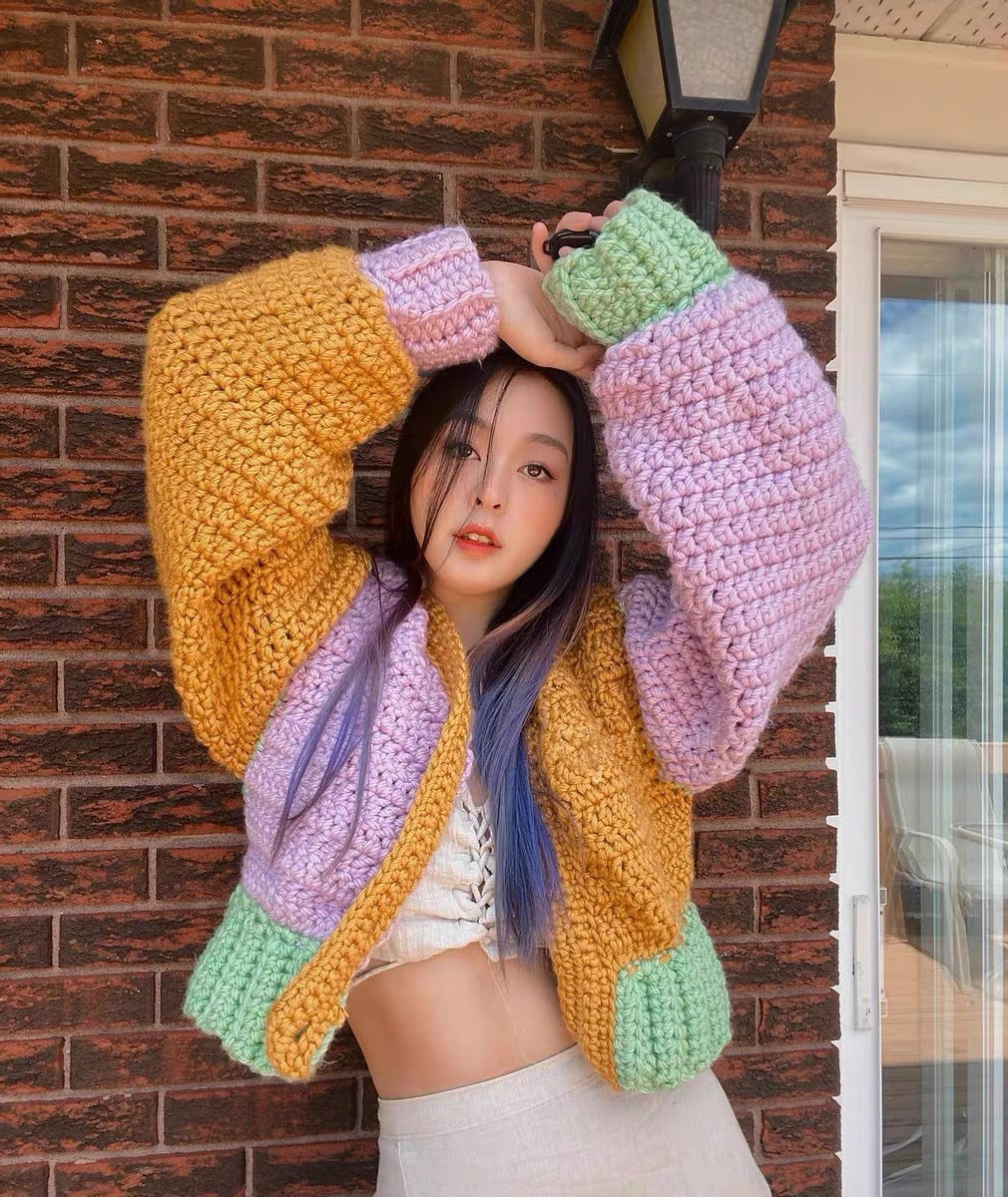 Twist thick woolen knitted cardigan for women 2023 new autumn outer wear rainbow sweater age-reducing v-neck long-sleeved jacket V1148