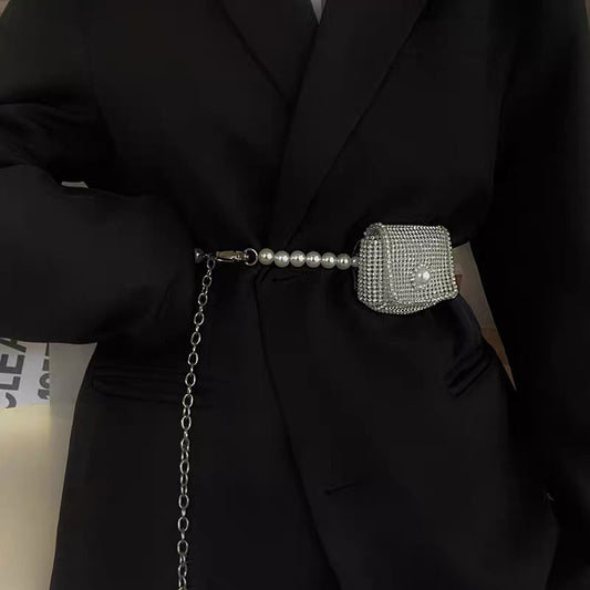 Pearl waist chain women's French decorative dress suit chain rhinestone waist bag student versatile fashionable temperament belt