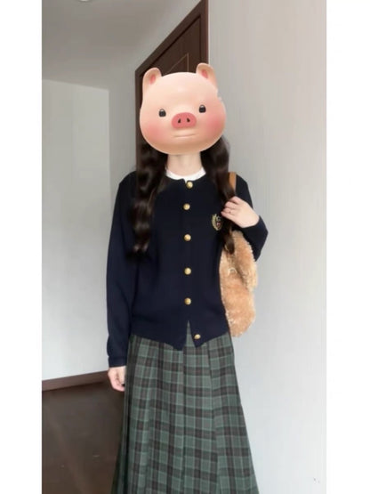 Korean girls' high school style set of knitted cardigan plaid skirt two-piece suit slim temperament autumn and winter