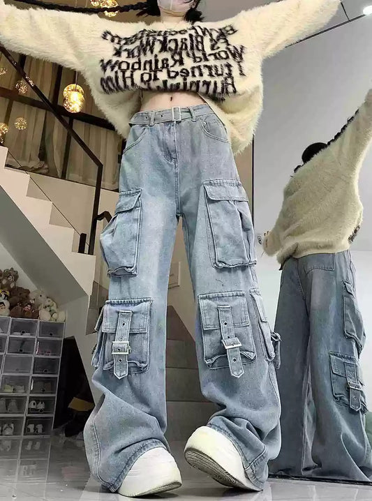 American street vibe work jeans for women 2023 new design multi-pocket high-waisted loose floor-length mopping pants trendy