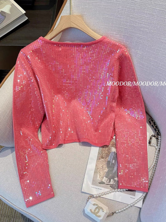 Red small fragrant sequined jacket short female autumn 2023 new high-end sense super good-looking explosive long-sleeved top