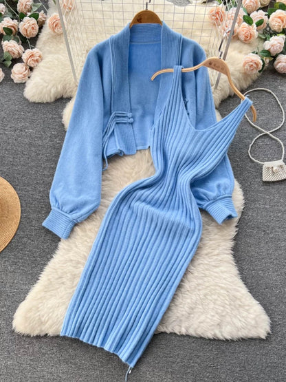Autumn and winter elegant lady knitted suit women's short sweater shawl jacket + suspender dress two-piece set