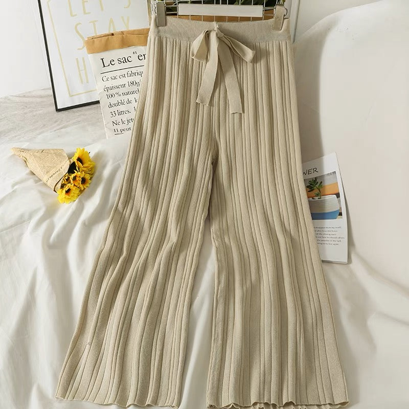 Suit Women's New Striped Slim Fit Round Neck Long Sleeve Knitted Bottoming Shirt Drawstring Tie High Waisted Wide Leg Pants Autumn