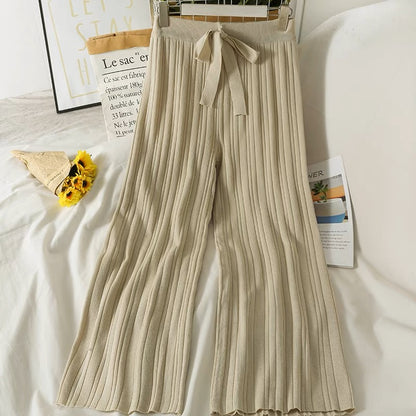 Suit Women's New Striped Slim Fit Round Neck Long Sleeve Knitted Bottoming Shirt Drawstring Tie High Waisted Wide Leg Pants Autumn