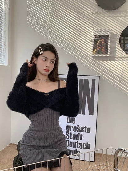 French sweet hottie knitted suspender dress for women in early spring and autumn with bottoming slim-fitting sexy hip-covering short skirt (D6549)