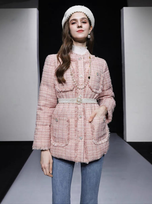 2023 Winter New Women's Fashion French Orange Pink Tweed Short Waist White Duck Down Jacket
