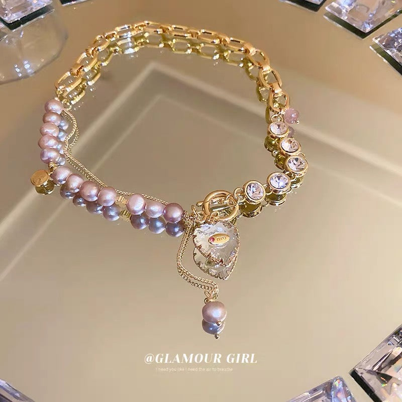 Freshwater Pearl Diamond Chain Love Tassel T-Buckle Necklace Design Temperament Clavicle Chain Sweet Necklace for Women
