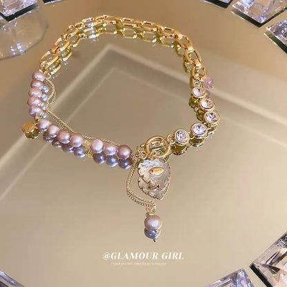 Freshwater Pearl Diamond Chain Love Tassel T-Buckle Necklace Design Temperament Clavicle Chain Sweet Necklace for Women