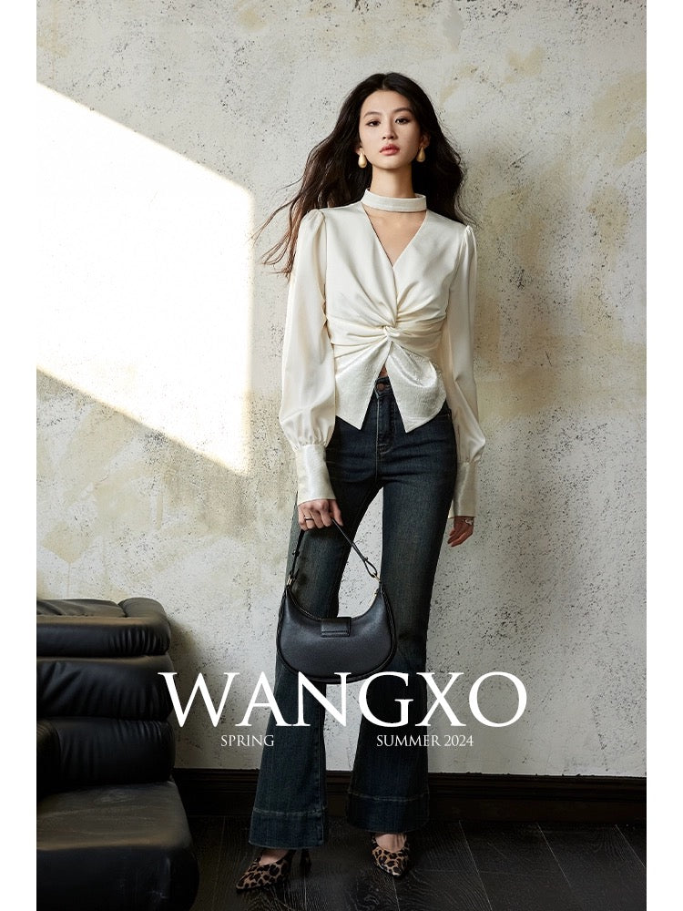 WANGXO丨High-definition and luxurious matte walnut satin丨V-neck halterneck waist-cinching splicing design long-sleeved shirt for women