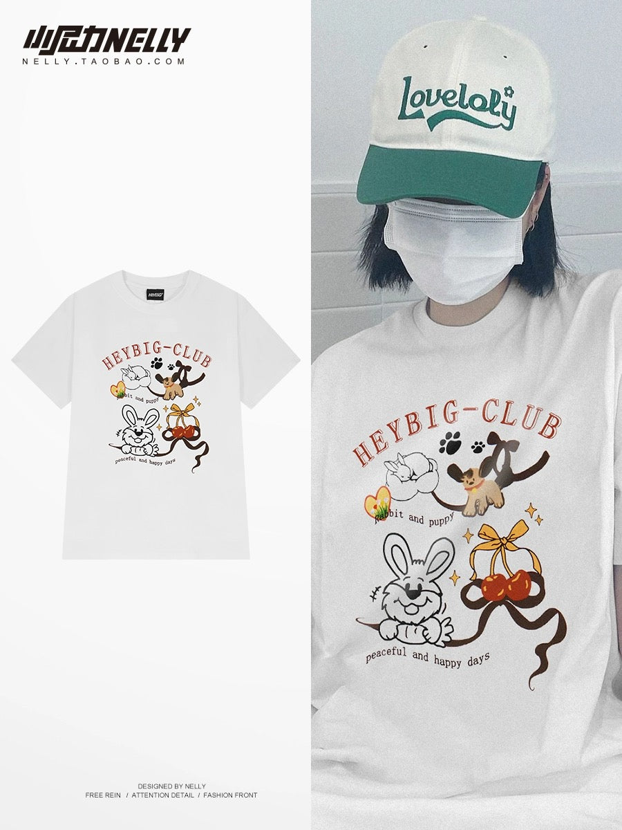 European and American high street vibe style cartoon short-sleeved T-shirts for men and women trendy brand loose oversize half-sleeved tops for summer