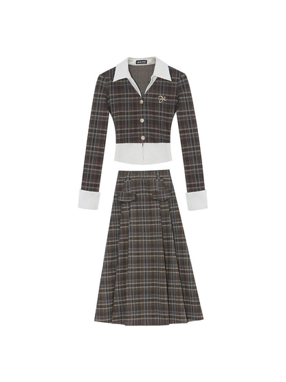 DREAM SEVEN77 College style fake two-piece brushed plaid sweater fashion suit for women in autumn and winter Korean style