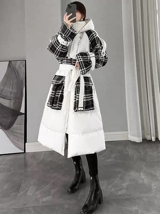 White down jacket for women 2023 new winter women's spliced long over-the-knee white duck down thickened hooded jacket