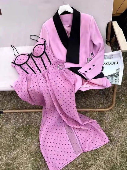 Xiaoxiangfeng high-end suit 2023 suit skirt spring and autumn suit pure lust style French suspender polka dot dress