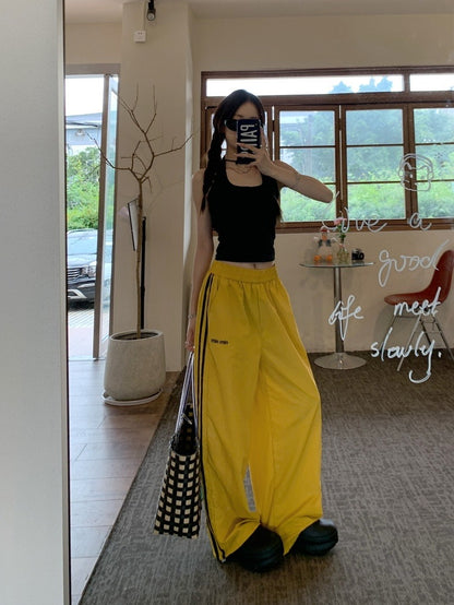 American retro two-bar contrast color casual pants women's summer loose wide-leg pants versatile trousers yellow pants trendy