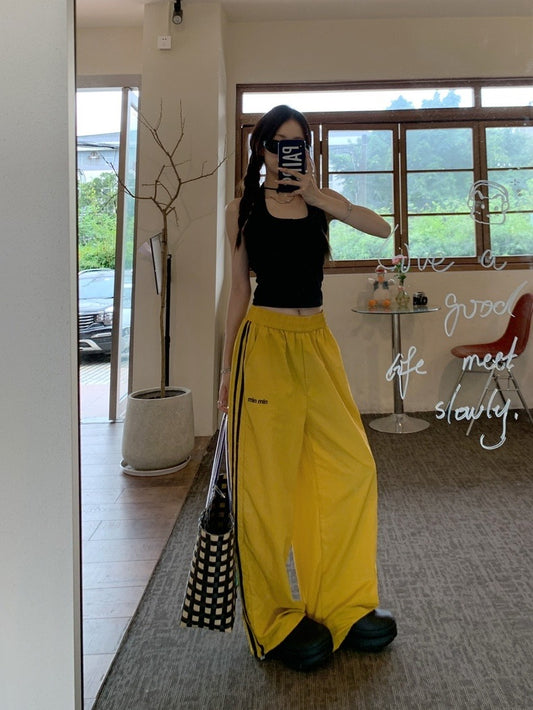 American retro two-bar contrast color casual pants women's summer loose wide-leg pants versatile trousers yellow pants trendy