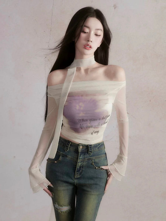 fragileheart fragile store broken rose sweet and spicy one-shoulder top design long-sleeved T-shirt