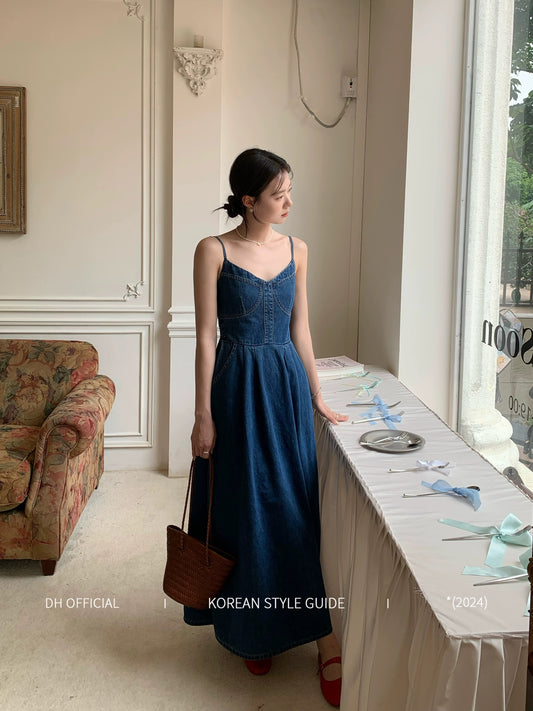 DH OFFICIAL Big Flower [Island Venus] Denim Dress Women's Summer Korean High-end Suspender Long Skirt