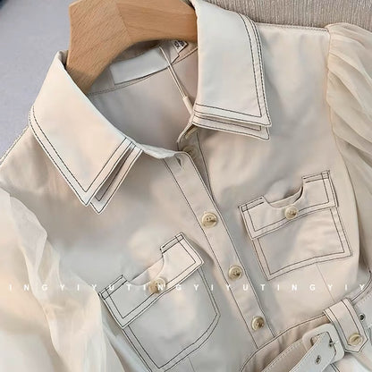 2023 summer new waist high-end heavy industry shirt Polo collar dress female niche high-end puff sleeve skirt