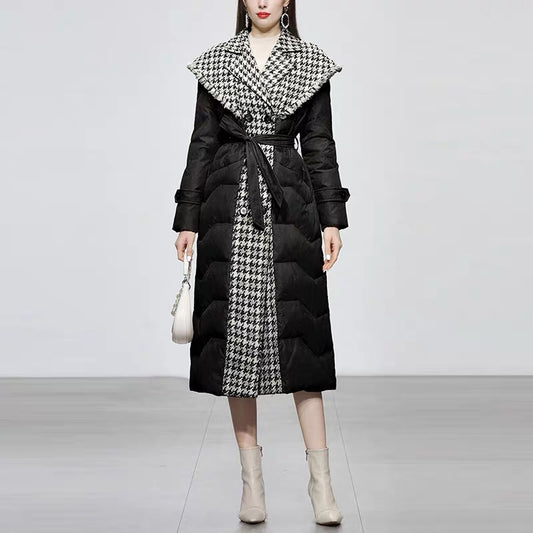 2023 new winter fashion temperament suit collar woolen splicing down jacket A-hem slim black 90 white duck down