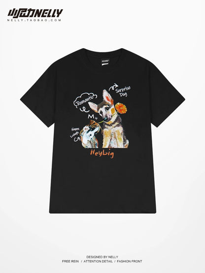 Cartoon dog pure cotton short-sleeved T-shirt for men and women ins summer trend casual versatile Hong Kong style loose short-sleeved T-shirt top
