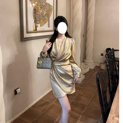 High-end French V-neck long-sleeved satin dress, spring and summer high-end ladylike temperament banquet party dress for women (V8815)