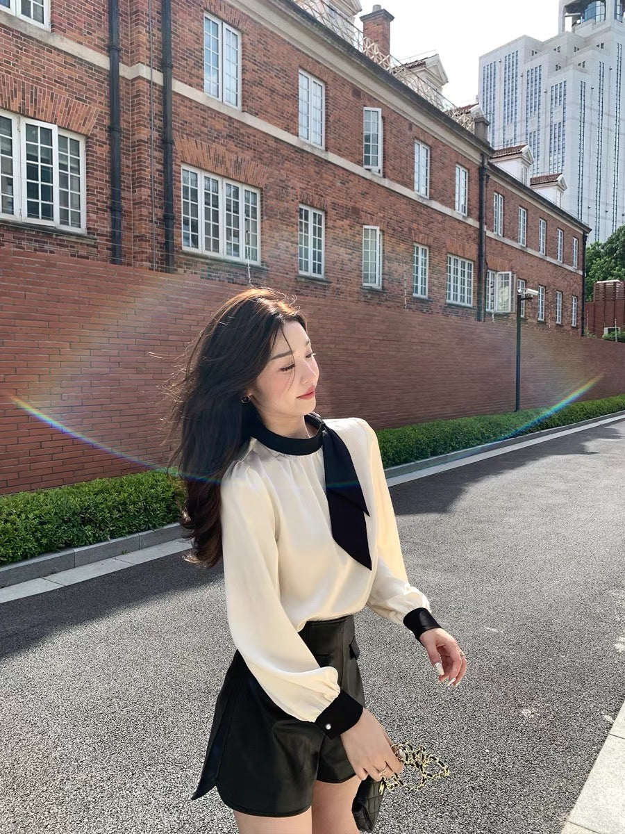 cchen Chen Chen French tie-collar bow high-end sense color contrast shirt design sense small top temperament autumn