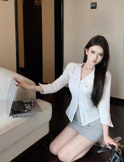 French hot girl polo collar white temperament shirt women's high-end design sense niche three-quarter sleeve short top early autumn