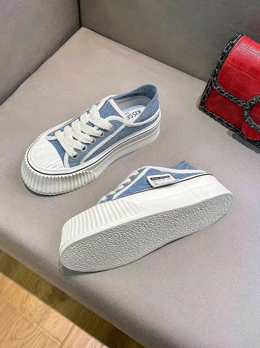 Uncle MJ thick-soled platform shoes women's new denim fashion all-match casual shoes round toe lace-up biscuit shoes