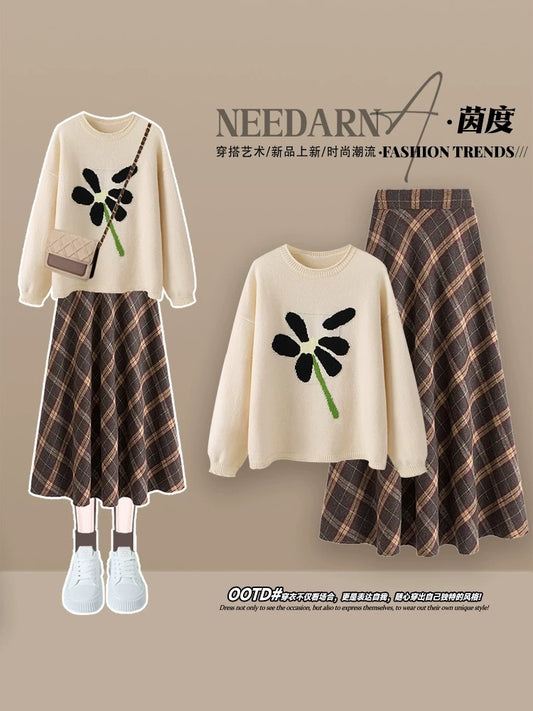 A complete set of Maillard outfits for deep winter wear, a knitted sweater suit, a high-end French plaid dress