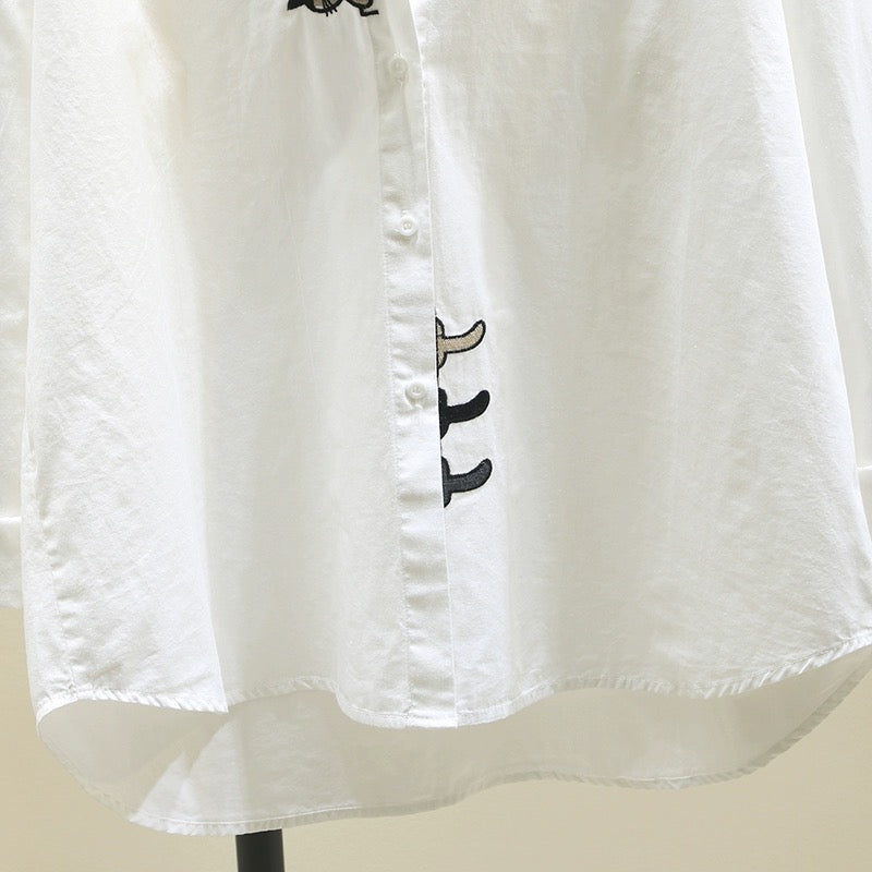 Artistic embroidered long-sleeved white shirt for women 2024 spring and autumn new loose versatile shirt chic bottoming top