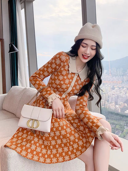 Celebrities' same knitted skirt 2023 new autumn women's doll collar long-sleeved temperament slimming bottoming dress (V5515)