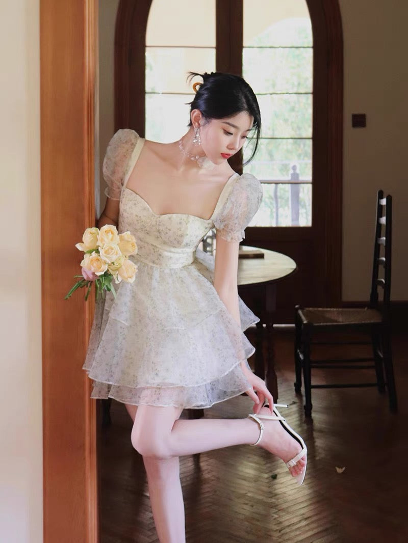 Thirteen and Little Floral Dress Female Summer Temperament Square Neck Short Puff Sleeve Princess Petit Skirt Cake Dress