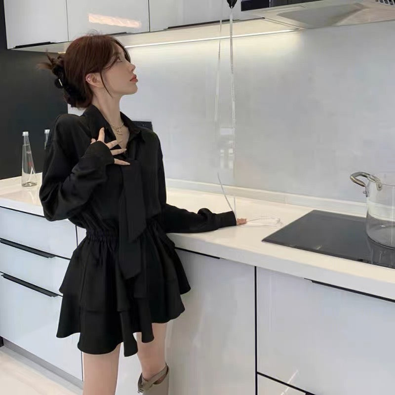 2023 new autumn Korean design lapel black shirt dress waist slimming short skirt for women (D022)