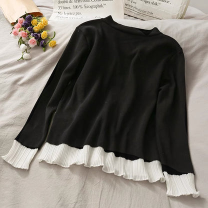 Fashion suit for women, new style, contrasting color splicing, single-breasted long-sleeved knitted sweater, high-waisted wide-leg pants for autumn