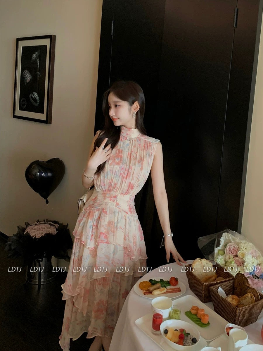 LDTJ Haute Couture 23 Xia Xin Elegant Temperament Fairy Gentle Sleeveless Vacation Slim Silk Broken Print Dress Women