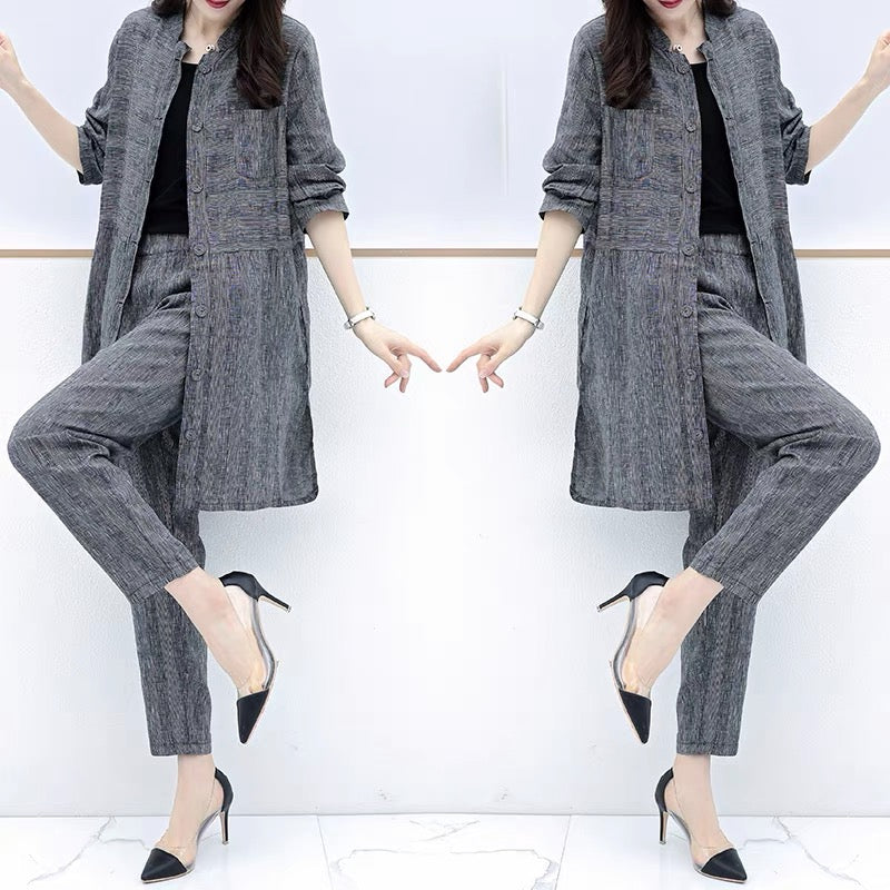 2023 new autumn plus size women's cardigan tops and pants two-piece casual fashion wide-leg pants suit for women to look slim