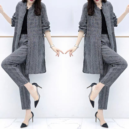 2023 new autumn plus size women's cardigan tops and pants two-piece casual fashion wide-leg pants suit for women to look slim