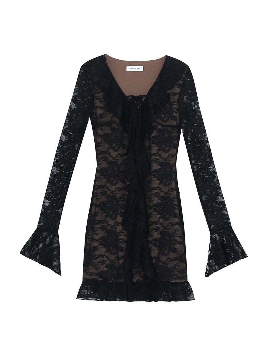 Luo Ge's wool roll early spring American sexy hottie pure desire lace hip-covering short long-sleeved dress for women