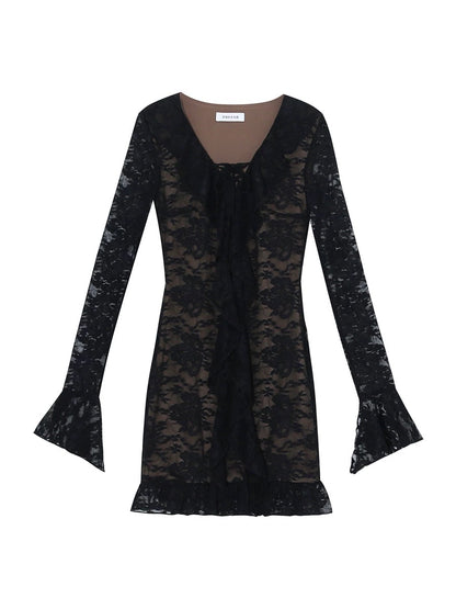 Luo Ge's wool roll early spring American sexy hottie pure desire lace hip-covering short long-sleeved dress for women