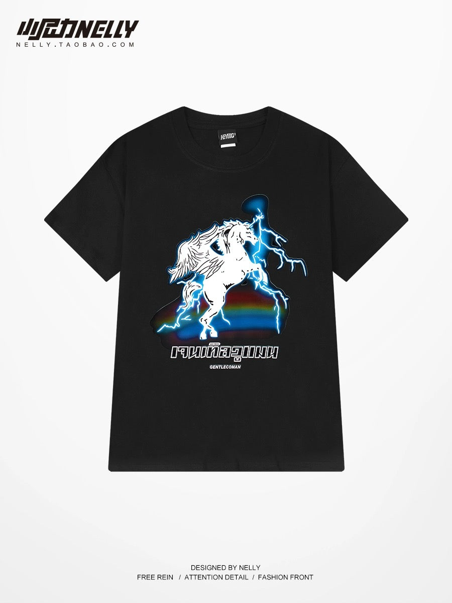 Heavy cotton trendy short-sleeved T-shirt for men and women summer 2024 new lightning unicorn print loose short-sleeved T-shirt