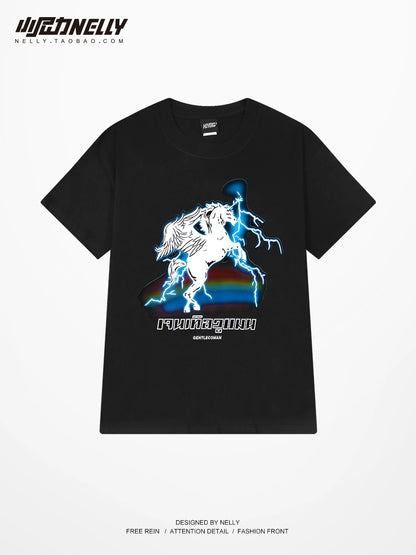 Heavy cotton trendy short-sleeved T-shirt for men and women summer 2024 new lightning unicorn print loose short-sleeved T-shirt