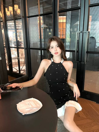 Born Miss French High-end Heavy Industry Black Halter Neck Dress Temperament Goddess Fan Luxury High Definition