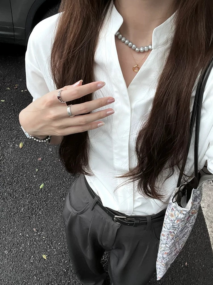 French high-end white short-sleeved shirt for women in summer 2024 new sun-proof shirt for commuting temperament v-neck top