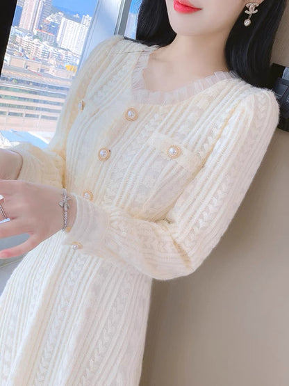 Lace dress with coat, women's autumn and winter waist-cinching inner skirt, winter style velvet thickened fairy long skirt (S3338)