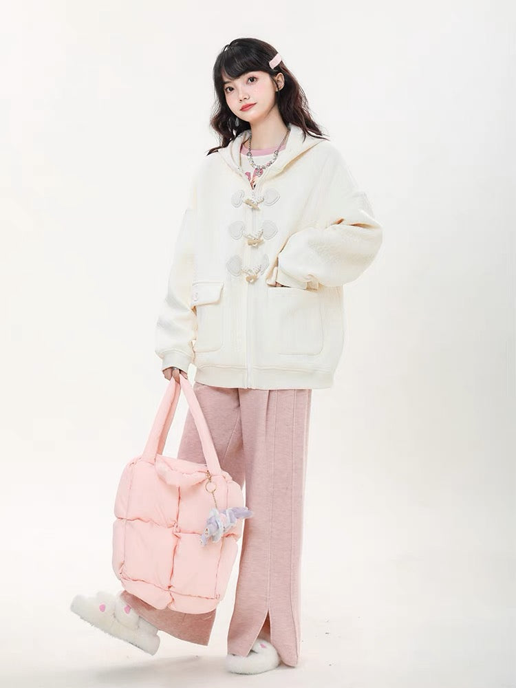 Big sim small sim horn button hooded sweatshirt jacket women's autumn new sweet loose design zipper top V1160