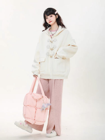 Big sim small sim horn button hooded sweatshirt jacket women's autumn new sweet loose design zipper top V1160