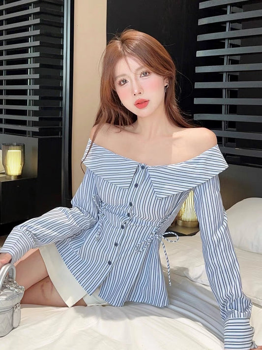 One-shoulder strappy striped shirt for women in early autumn, one-shoulder sunscreen shirt for hot girls, niche design